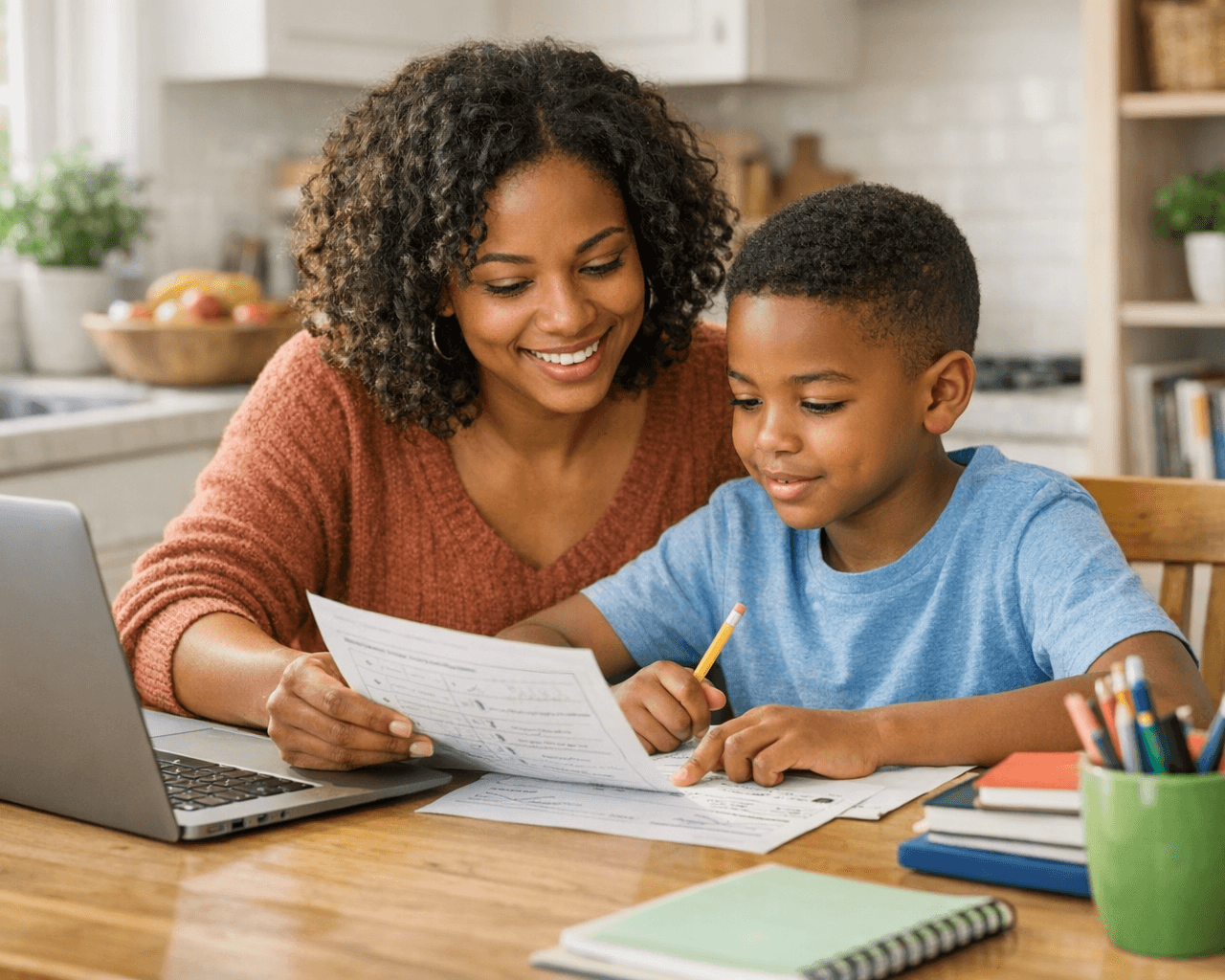 African American parent helping a child with a homeschool worksheet at home