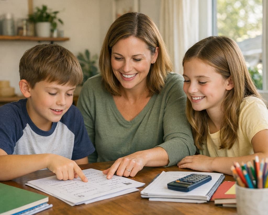 Parent reviewing practice pages with two children at home