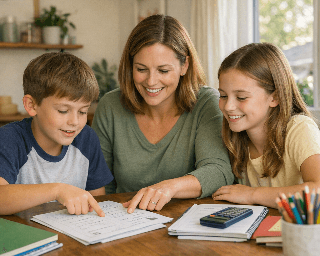 Parent reviewing practice pages with two children at home